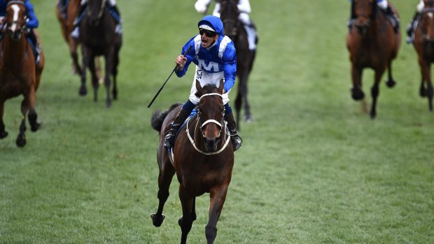 Chasing a third: Hugh Bowman rides Winx to victory in the 2016 Cox Plate. 