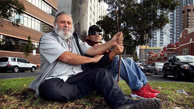 Joseph Toscano (left) and Robbie Thorpe call for a memorial for the first people to be hanged in Melbourne.