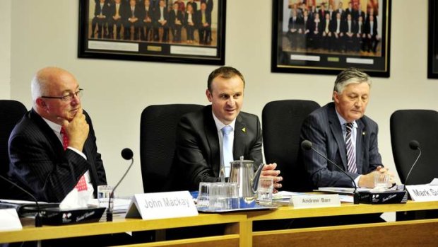 Former ACTEW chairman John Mackay, Treasurer Andrew Barr and former ACTEW chief executive Mark Sullivan at an earlier Legislative Assembly  committee hearing.