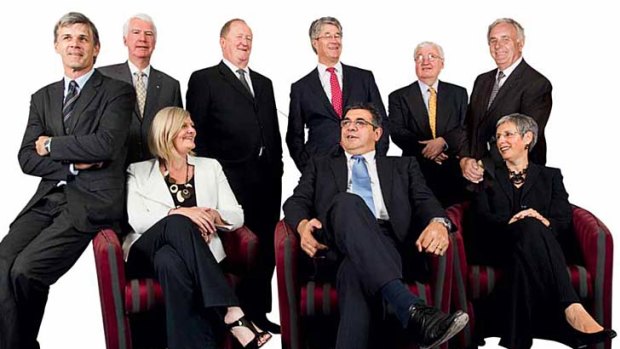 The AFL Commission in 2010 (from left) Chris Langford, Graeme John, Sam Mostyn, Chris Lynch, Mike Fitzpatrick (chairman), Andrew Demetriou (chief executive officer), Bill Kelty, Bob Hammond and Justice Linda Dessau.
