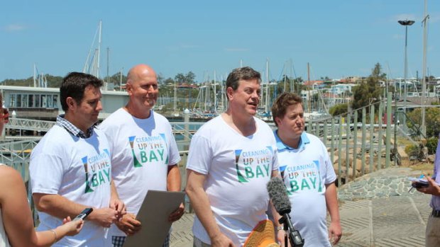Environment Minister Andrew Powell, Clubs Queensland CEO Doug Flockhart, Queensland treasurer Tim Nicholls and Member for Lytton Neil Symes at Sunday's launch of Cleaning up the Bay.