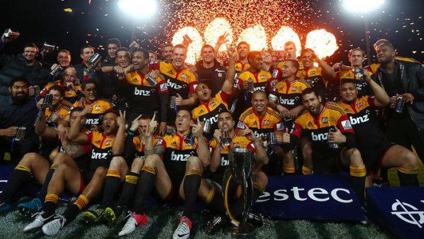The Chiefs celebrate winning the Super Rugby title.
