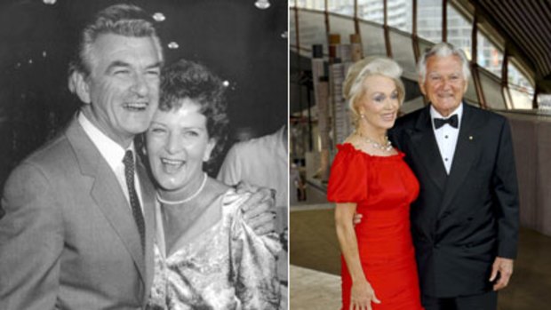 Bob and Hazel Hawke after his 1983 victory (left); and Hawke and Blanche D’Alpuget ... ‘rewriting history’.