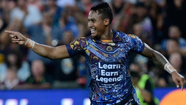 Star player ... Ben Barba celebrates scoring a try for the Indigenous All Stars in February.