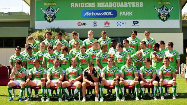 The hole in the back row where Josh Dugan used to be at the Raiders' team photo shoot on Thursday.