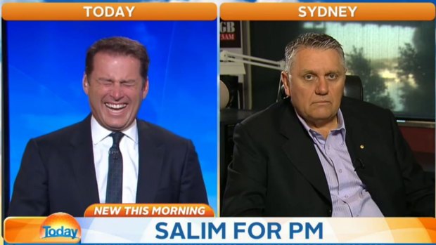 Still from the Today show showing Karl Stefanovic and Ray Hadley reacting to Salim Mejaher's announcement he wants to one day be Australian prime minister.