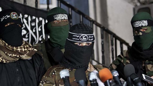 Out of hiding &#8230; members of the al-Nasser Salah al-Din Brigades.
