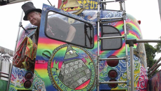 Chip off the old block: Zane Kesey emerges from the bus that belonged to his late father, counter-cultural writer Ken Kesey, at Hempfest 2012.