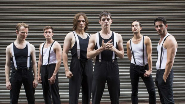 The all-male cast of Action to the World's production of <i>A Clockwork Orange</i>.