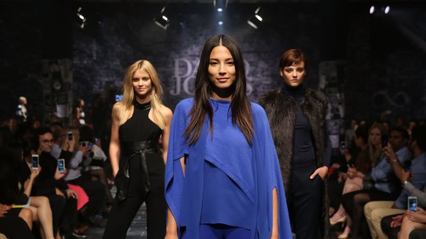 David Jones ambassadors Jessica Gomes, Elyse Taylor and Montana Cox showcase designs by Carla Zampatti at the retailer's autumn/winter 2015 collection launch in Sydney.
