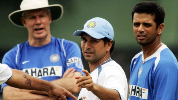 One of the greats: Sachin Tendulkar (centre) with Greg Chappell and Rahul Dravid in 2006.