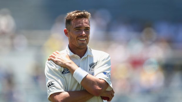 Tough day in the west: Tim Southee waits fior the sightscreen to be adjusted.