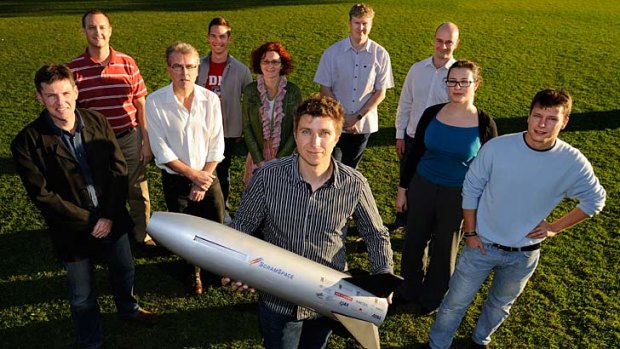 The The SCRAMSPACE team and scramjet model. Left to Right: Russell Boyce, Brad Sharp, Paul van Staden, Michael Creagh, Bianca Capra, Sandy Tirtey (Holding model), Adrian Pudsey, Melrose Brown, Amy Dedman and Igor Dimitrijevic.