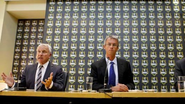 John Hartigan, NRL chief executive David Gallop and Rob Moodie announce in April the salary-cap-breach penalties handed down to the Storm.
