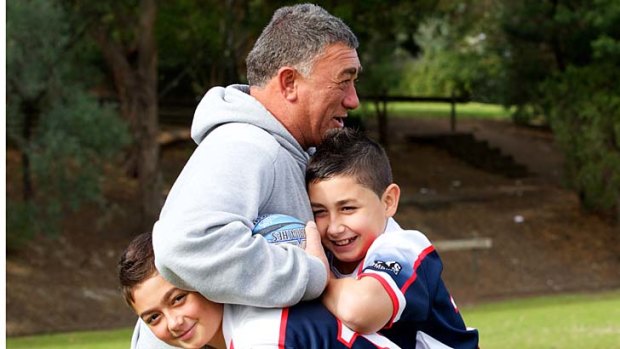 Tussle: Steve Thomas with his rugby playing sons, James (left) and Luke, in Kingsgrove.