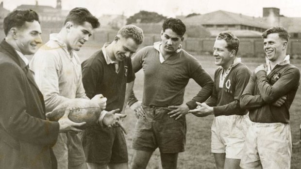 Brothers in arms ... Rex Mossop, second from left and Dave Brockhoff, third from left at Wallabies training at the SCG in 1950.
