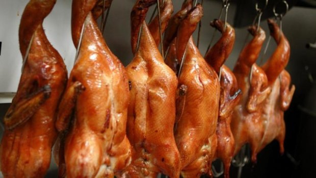 A row of glossy, freshly roasted ducks hanging by their necks in a restaurant.