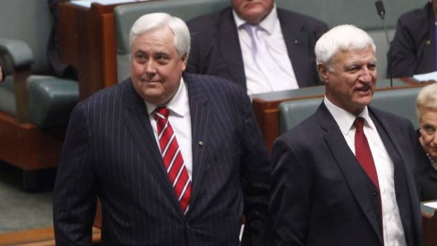 Independent MPs Clive Palmer and Bob Katter are sworn into the 44th Parliament at Parliament House in Canberra on 12 November 2013. Photo: Andrew Meares