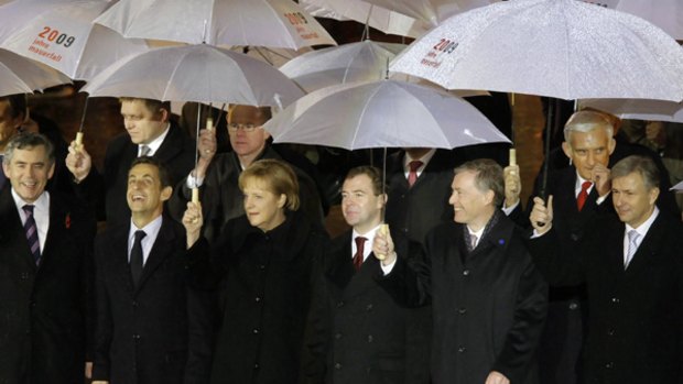 British PM Gordon Brown, French President Nicolas Sarkozy, German Chancellor Angela Merkel and Russian President Dmitry Medvedev.