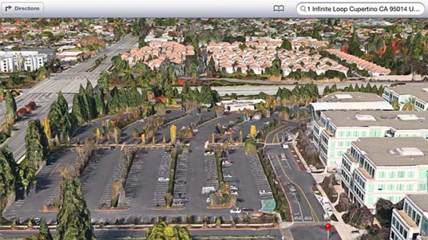 A 3D view of Apple's headquarters in Cupertino, Califorinia, as seen in Apple Maps in iOS 6.