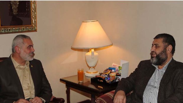 Palestinian Hamas premier of Gaza Ismail Haniya (left) meeting with Khayrat al-Shater, a senior member of Egypt's Muslim Brotherhood, in Cairo.