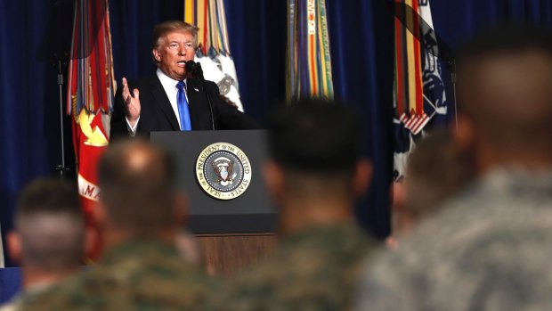 President Donald Trump speaks at Fort Myer in Arlington Virginia. 