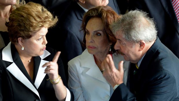 Brazilian President Dilma Rousseff (left), the widow of the deceased ex-president, Maria Tereza Goulart (centre) and ex-President Luiz Inacio Lula da Silva, chat during the ceremony.