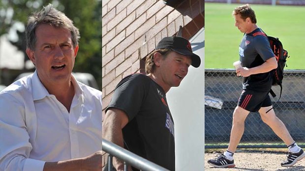 Business as usual: Essendon CEO Ian Robson, James Hird and Mark Thompson at the club on Wednesday. Photos: Sebastian Costanzo