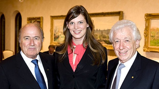 FIFA president Sepp Blatter (left), Sports Minister Kate Ellis and Football Federation Australia chairman Frank Lowy.