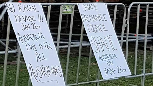 Protest signs were erected by Reclaim Australia members.