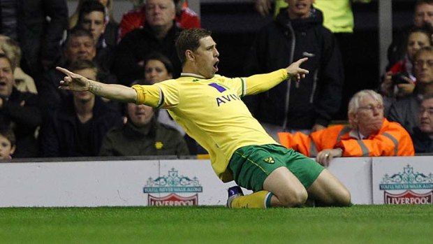 Grant Holt celebrates after scoring for Norwich City.