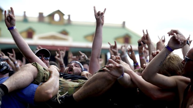 A crowdsurfer in action at the Soundwave Festival at the RNA Showgrounds Brisbane in 2015.