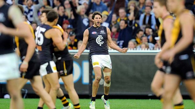 Carlton's Jarrad Waite roars after a goal against Richmond on Sunday.