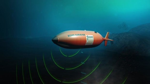 An illustration of a Fugro autonomous underwater vehicle searching for flight MH370.