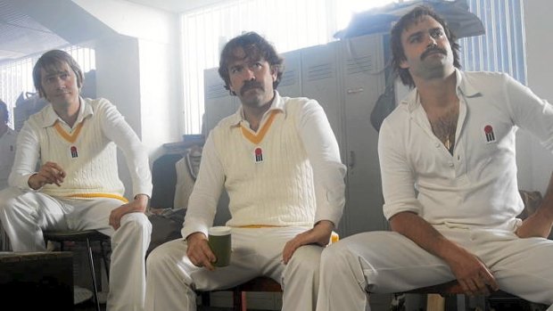 Doug Walters (Hamish Michael), Rod Marsh (Brendan Cowell) and Dennis Lillee (Matthew le Nevez) in <i>Howzat! Kerry Packer's War</i>.