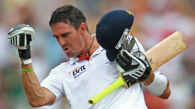 Kevin Pietersen celebrates after reaching his double century during day three of the second Ashes Test.