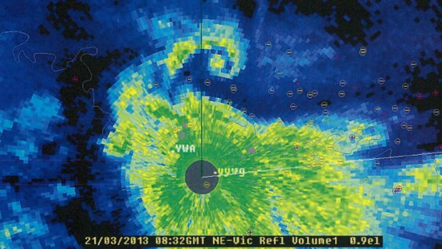 This weather radar image show the rotation of the thunderstorm over Yarrawonga, preceding the formation of a tornado