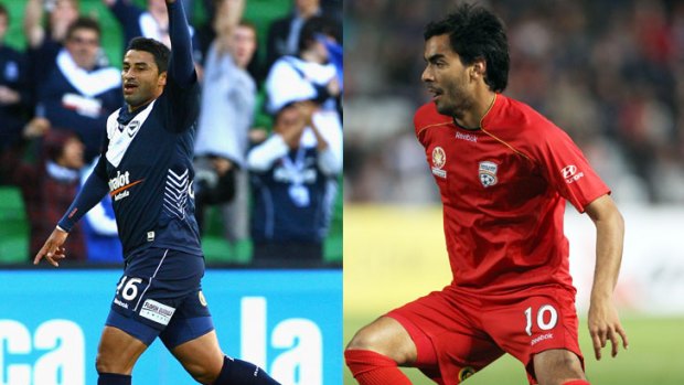 Quality buys ... Melbourne Victory’s Carlos Hernandez and Adelaide United’s Marcos Flores have won the Johnny Warren Medal.