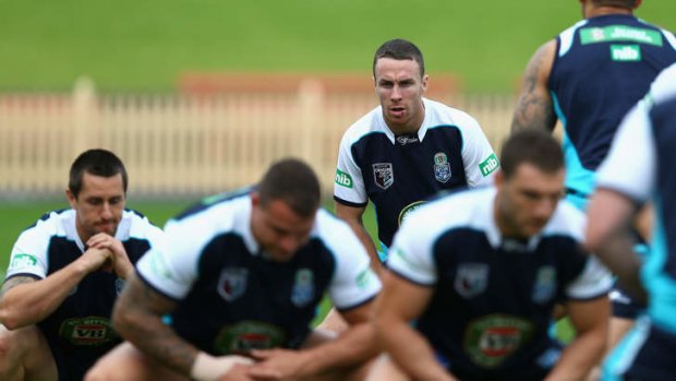 Debut: James Maloney training with Blues teammates.