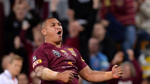 Josh Papalii celebrates after his try for Queensland in Origin III this year. 