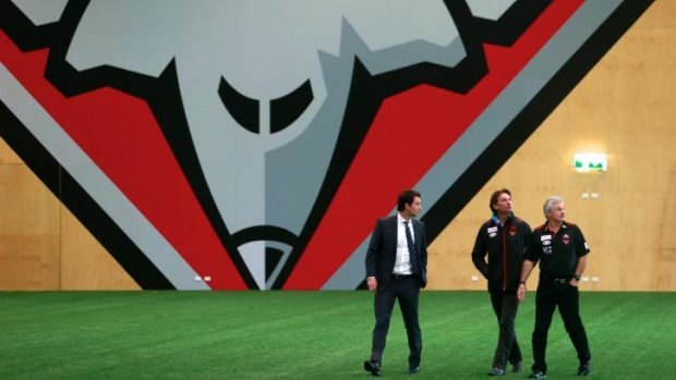 James Hird at Essendon's Tullamarine base, with Neil Craig (right) and Xavier Campbell.