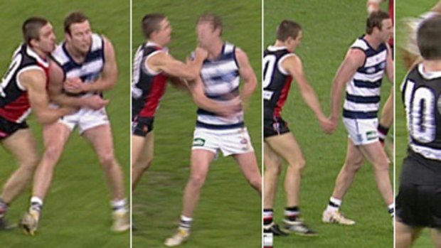 Screengrabs of the clashes between Steven Baker and Steve Johnson during the St Kilda v Geelong clash last Friday night.