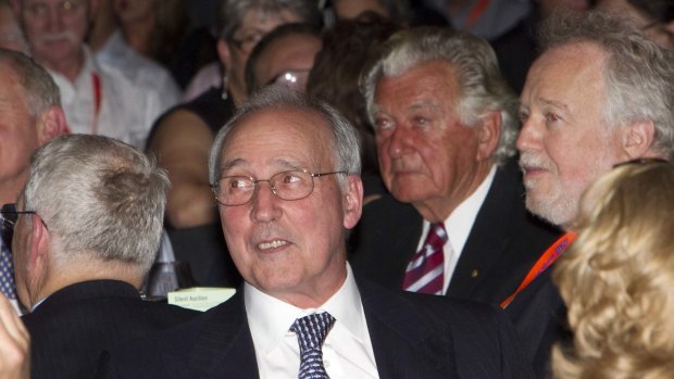 Ex-factor: Ex-prime ministers Paul Keating and Bob Hawke at last night's dinner.