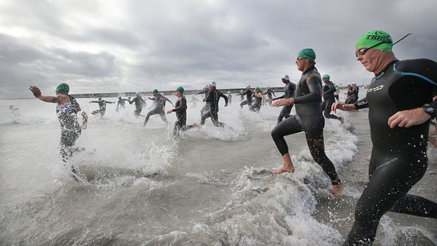 Massed triathlon starts can generate heart attack-inducing stress in competitors.