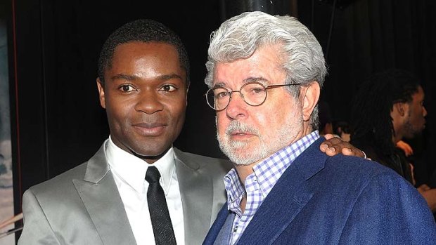 Director George Lucas and actor David Oyelowo at the <i>Red Tails</i> premiere.