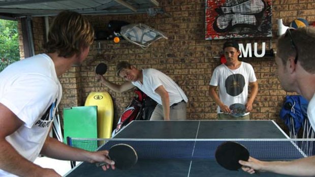 Paddling the zeitgeist: (from left) Luke Mitchell, Tim Boreham and Matt and Nick Pike have a hit in the garage. They are finishing a documentary on the sport.