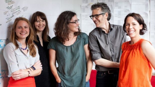 The team behind <i>??Serial</i>??: (from left) Dana Chivvis, Emily Condon, Sarah Koenig, Ira Glass and Julie Snyder