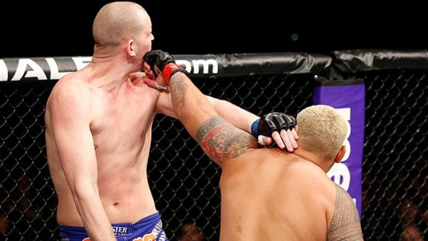 Mark Hunt (right) lands the knockout blow to the jaw of Stefan Struve.