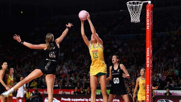 High and mighty &#8230; Australia's Caitlin Bassett led the Diamonds to a 44-41 win over New Zealand yesterday. The team is now the world's best.
