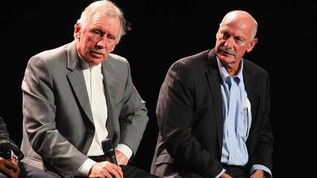 Ian Chappell with legendary paceman Dennis Lillee at the official launch of the ICC Cricket World Cup 2015 in Melbourne on Tuesday.